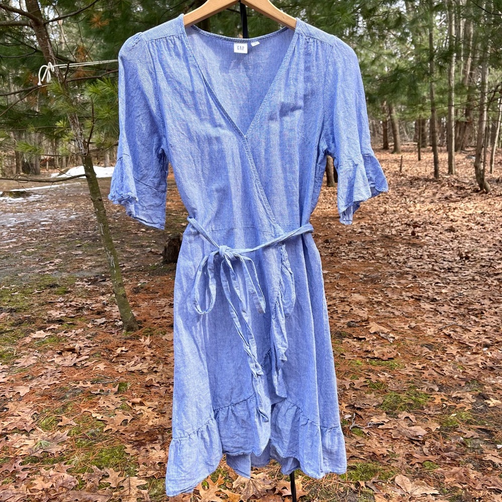 2018 Gap Linen Blend Blue & White Pinstripe Wrap Dress Mini Ruffle Size S Spring